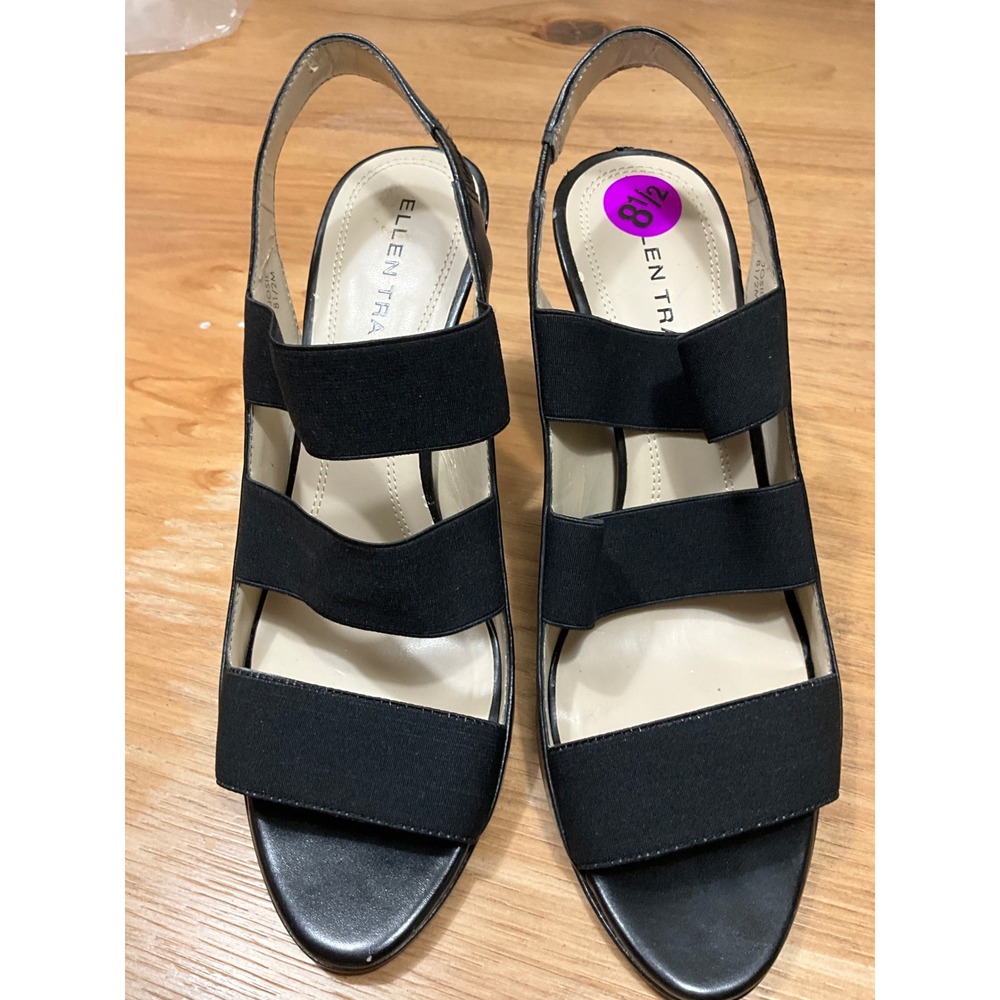 As is Ellen Tracy Josie Black Leather Strap Slingback Peep Toe Heels Size 8.5M - Picture 2 of 6